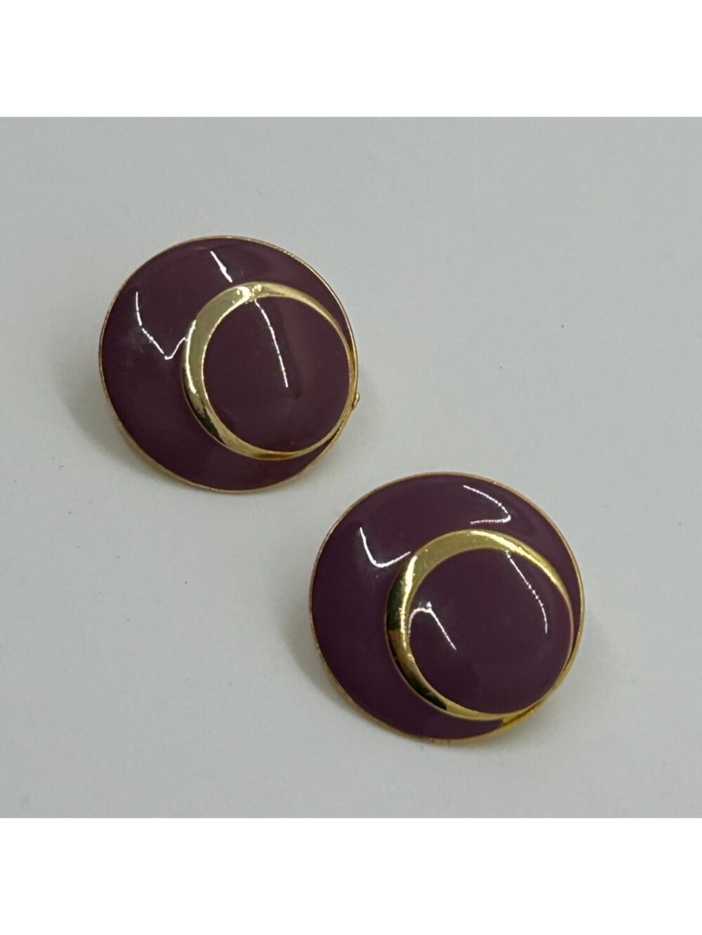 Purple Plum Enamel Gold Tone Round Button Swirl Crescent Circle Stud Post Vintag